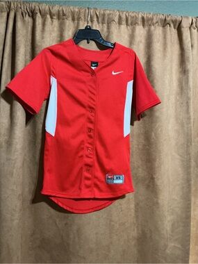 Nike Women’s Red Button-Up Athletic Jersey with White Panels